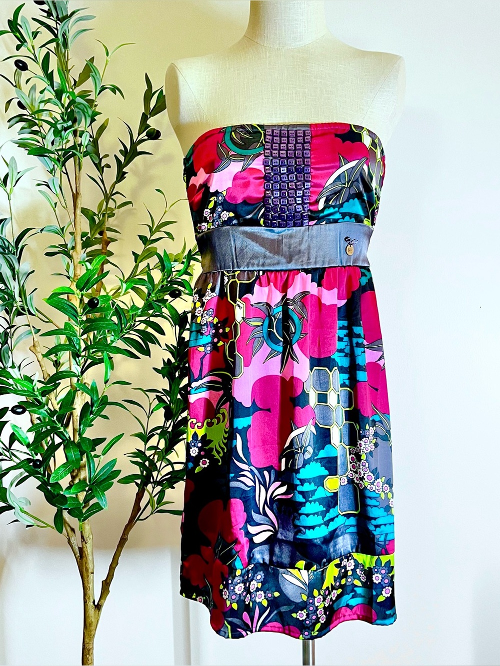 Y2K Strapless Floral Print Dress in Fuchsia and Teal